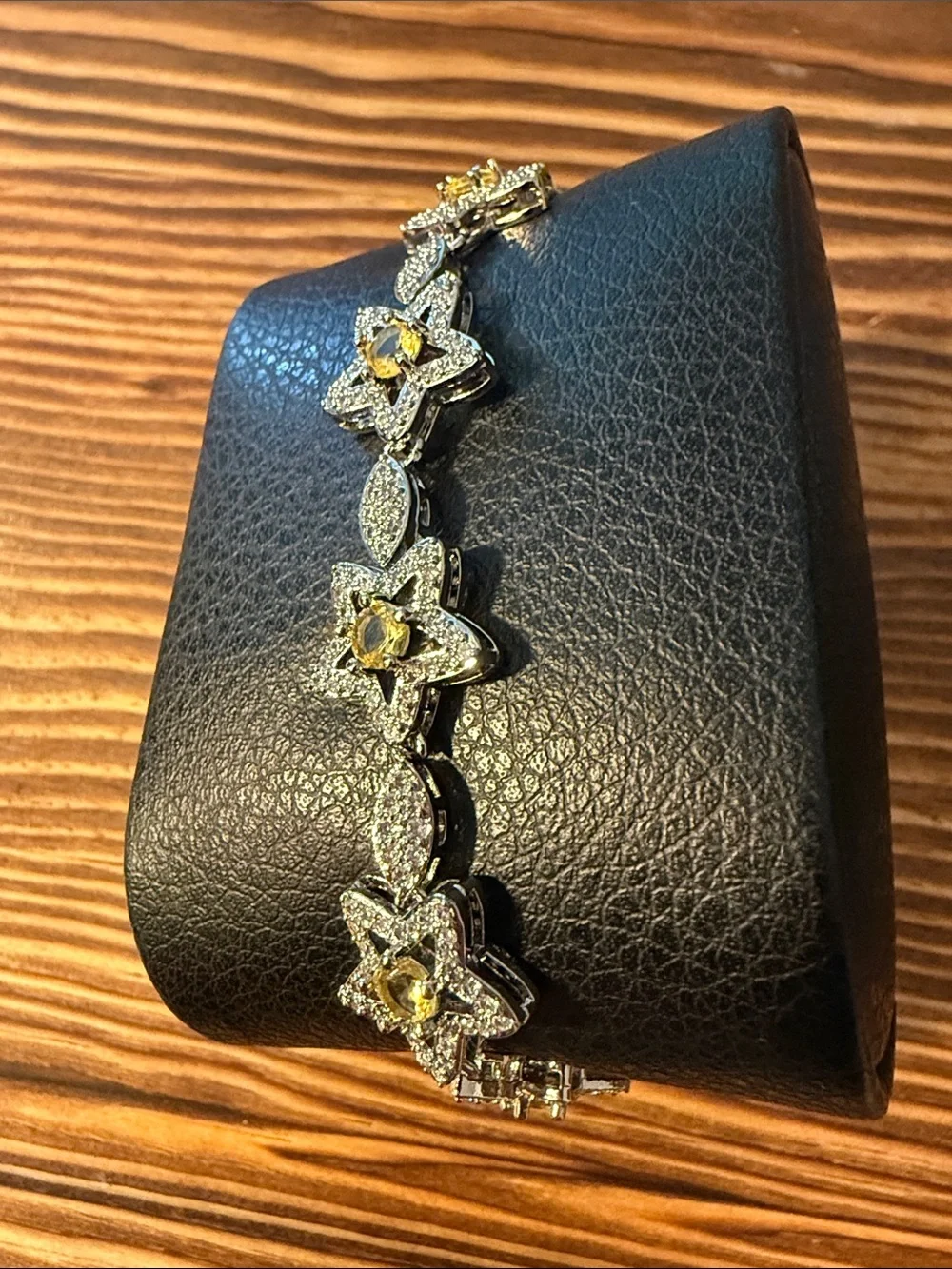 Silver Starflower Bracelet with Yellow Gem Centers Stainless Steel